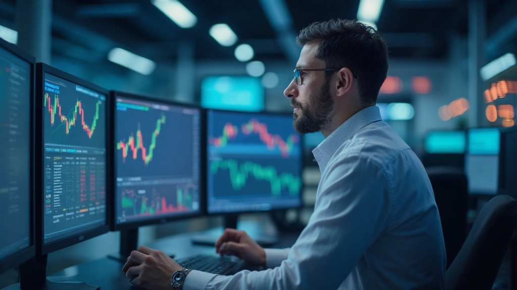Трейдер анализирует графики рыночных индексов на нескольких мониторах в торговом центре