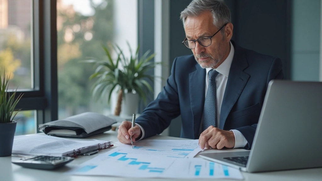 Профессиональный инвестор изучает график облигаций на рабочем столе с документами и калькулятором