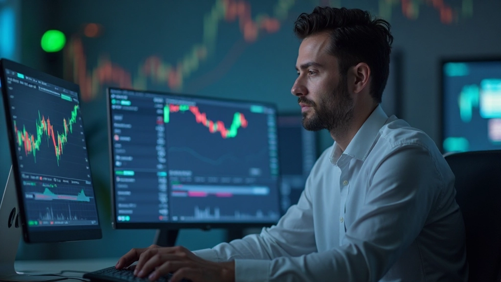 Трейдер отслеживает движение акций и рыночные тренды на мониторе